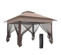 Outsunny Tonnelle de Jardin extérieur tonnelle Pliante 3,6x3,6m avec Double Toit Acier Polyester moustiquaires + Sac de Transport à roulettes Kaki Marron