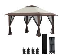 Outsunny Tonnelle de jardin extérieur barnum de jardin pop-up tente pliant 4 x 4 m double toit protection UV 50+ 4 moustiquaires, 4 sacs de sable, 1 sac de transport tissu Oxford métal beige et marron