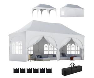 Outsunny Tonnelle Pliante 3x6m imperméable Anti-UV, Barnum avec 6 parois & 6 Sacs de Sable - Tente de réception 12 Trous de Drainage - pavillon Pop-up, 4 fenêtres église pour Mariage, marché - Blanc