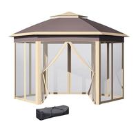 Outsunny Tonnelle pliante hexagonale avec double toit 6 moustiquaires amovibles et sac de transport Hauteur réglable sur 3 niveaux Anti-UV 4,05 x 3,4 x 2,85 m Beige