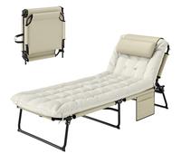 Outsunny Transat Bain de Soleil Pliable avec Dossier inclinable 4 Positions - Appui-tête et Matelas épais Ultra Confortable - Tissu textilène et Acier, Beige