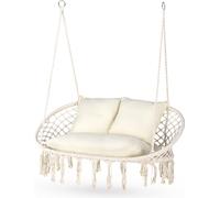 Outtec Fauteuil Suspendu 2 Personnes XXL avec 3 Coussins, Chaise Suspendue de jusqu'à 200 kg, Siège Suspendu Exterieur et Intérieur pour 2 Place, Fauteuil Balancoire Bohème, Ideal pour Jardin, Beige