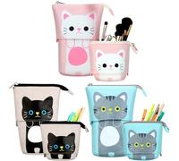 Outus 3 Pièces Porte-Crayon de Support de Transformateur en Toile PU Organisateur de Crayon Télescopique de Chat Mignon de Bande Dessinée Pochette de Cosmétiques pour Noël (Gris, Noir et Blanc)