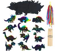 Outus 48 Pièces Papier de Dinosaure à Gratter Papier Brouillon Arc-en-Ciel Kits d'Artisanat d'art de Dinosaure avec 24 Pièces Stylets en Bois et 48 Pièces Rubans pour Fourniture de Fête de Dinosaure