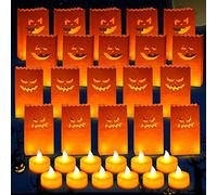 Outus 48 Pièces Set de Sacs de Luminaires d'halloween en Papier, 24 Sacs de Luminaires en Papier avec 24 LED Lumière Sac de Bougie Chauffe-Plat de Citrouille d'halloween en Papier