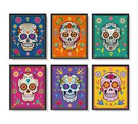 Outus 6 Pièces Décorations Murales en Forme de Crâne de Sucre Décor d'affiche du Jour des Morts Décor Mexicain de Crâne de Sucre du Jour des Morts Fiesta Impressions d'art, 8x10 Pouces