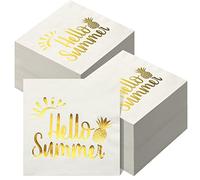 Outus Lot de 100 serviettes de cocktail en papier jetables 3 plis à motif d'ananas Hello Summer - Serviettes en papier à motif doré pour dessert, anniversaire, plage tropicale, hawaïen, Luau -