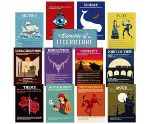Outus Lot de 13 affiches d'éléments littéraires en langue anglaise et littérature - Décoration de salle de classe - Éléments d'histoire - Impressions artistiques - Tableau d'affichage pour enseignants