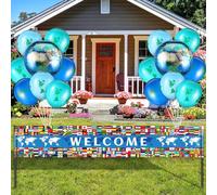 Outus Lot de 19 bannières de bienvenue internationales avec 18 ballons du monde - Bannière de cour pour fête internationale, clôture, jardin, décoration intérieure et extérieure