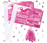 Outus Lot de 30 drapeaux de sensibilisation au cancer du sein - Petits drapeaux en ruban rose - Décorations espoir, foi, force, courage pour survivants du cancer du sein, cadeaux de fête, événements
