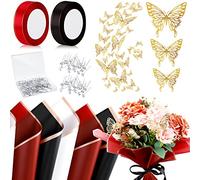 Outus Lot de 60 feuilles de papier cadeau imperméable pour bouquet de fleurs avec 60 papillons 3D et 100 épingles à fleurs, 2 rouleaux de ruban pour la Saint-Valentin (rouge, noir, blanc)