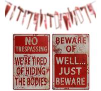 Outus Pancarte décorative d'Halloween 20,3 x 30,5 cm avec inscription « No Trespassing We're Tired of Hiding The Bodies Beware of Well Just Beware » - Bannière en métal rétro pour intérieur et