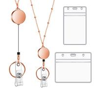 Outus Set Porte-Cartes Identité et Bobine Rétractable Porte-Clés Lanière Rétractable 2 Pcs Porte-Badge Identification Plastique Étanche Transparent et Collier Lanière Acier Inoxydable (Or Rose)