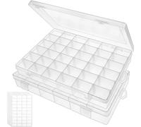 OUTUXED Lot de 2 boîtes de rangement en plastique transparent à 36 compartiments avec séparateurs réglables pour perles, loisirs créatifs, bijoux, pêche avec 5 feuilles d'autocollants
