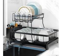 OUUTMEE Égouttoir à Vaisselle à 2 Niveaux, Égouttoir en Acier Inoxydable avec Porte-gobelet, Antibactérien (Noir)