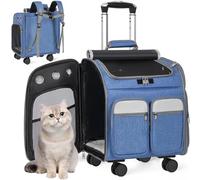 OUUTMEE Sac à Dos avec roulettes pour Chiens et Chats, Poussette de Voyage pour Animaux, Sac à Dos de Transport 2 en 1 avec Maille Respirant, Trolley pour Petit et Moyen Chats/Chiens (Bleu)