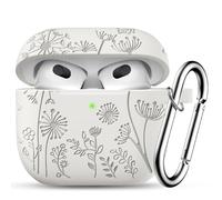 Ouwegaga Fleurs Gravure Étui pour Coque Airpods 3e Génération, Silicone Antichoc Protectrice Housse Compatible avec Apple Airpods 3 Case 2021, avec Mousqueton [LED Visible à l'avant],Lumiere Stellaire