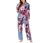 Ouyniei Cherry Blossoms Ensemble pyjama à manches longues et chemise boutonnée 2 pièces pour femme S-XXL, Noir , XL