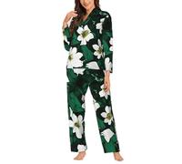 Ouyniei Hunter Ensemble de pyjama à manches longues et chemise boutonnée pour femme Motif pétales floraux Vert S-XXL, Noir , S