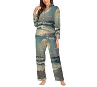 Ouyniei Moon And Sea Ensemble pyjama à manches longues et chemise boutonnée 2 pièces pour femme S-XXL, Noir , M