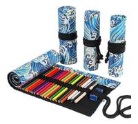 Ouyniei Organiseur de crayons - 24/36/72 emplacements pour crayons de couleur, pinceaux courts et fournitures artistiques - Sac enroulable pour dessin, coloriage et croquis, Bleu océan, 12slots, Style