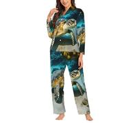 Ouyniei Sea Turtle Ensemble pyjama à manches longues et chemise boutonnée pour femme, Noir , M
