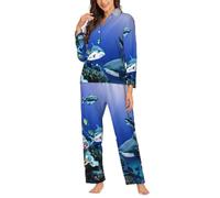 Ouyniei Shark Swim Under The Sea Ensemble pyjama à manches longues et chemise boutonnée pour femme 2 pièces S-XXL, Noir , XL