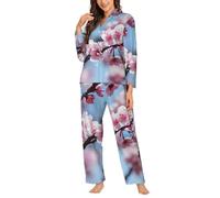 Ouyniei Tentant Cherry Blossoms Pyjama à manches longues et chemise boutonnée 2 pièces pour femme S-XXL, Noir , L
