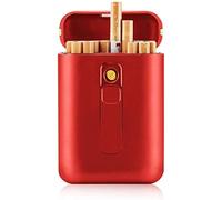 oUyOo Boîtes À Cigarettes avec Briquet, Étui À Cigarettes en Métal Anti-Écrasé Coupe-Vent, Briquet sans Flamme Rechargeable par USB, Outils De Paquet De Tabac pour Fumeur,Rouge
