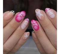 Oval Pack De 24 Avec Léopards Ombres Pointes Françaises Motifs Floraux Étoiles Sécurisées Perles Florales Faux Ongles Ovale Court
