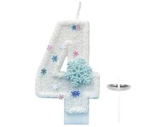 Ovanda Bougie d'anniversaire 4 ans pailletée, en forme de chiffre 4, bleu et blanc, 3D, avec flocon de neige, flocons de neige, décorations d'anniversaire pour filles