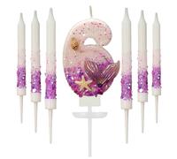 Ovanda Bougies d'anniversaire, en forme de chiffre, en forme de sirène, pour 6 ans, décoration de gâteau violette, décoration de gâteau d'anniversaire, de sirène, décoration de gâteau
