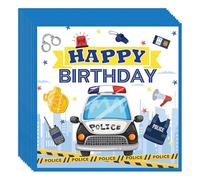 Ovanda finemark Lot de 20 serviettes Happy Birthday, motif voiture de police, 33 x 33 cm, vaisselle de fête d'anniversaire, décoration de table pour garçon, motif voiture de police, décoration de