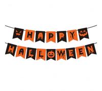 Ovanda Guirlande Happy Halloween double rangée noire orange pour décoration | Bannière imprimée avec drapeaux de 12 x 15 cm, double rangée Happy Halloween pour mur de fête, entrée de fête et coin photo