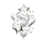 Ovanda Lot de 14 ballons argentés à confettis argentés avec cœurs et étoiles, ballons Happy Birthday, ballons personnalisés, pour anniversaire, Saint-Valentin, mariage, fiançailles