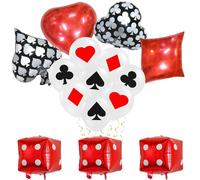 Ovanda Lot de 15 ballons décoratifs de casino, ballons en aluminium, ballons de poker, carte de poker blanche, rouge, en latex, décoration de poker, ballon en aluminium rouge et noir, pour la nuit et