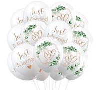 Ovanda Lot de 18 ballons de mariage de 30,5 cm, décoration de mariage, ballons Just Married, cœurs eucalyptus, blancs pour demande en mariage, fiançailles, bureau civil, décoration de mariage