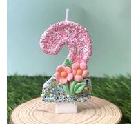 Ovanda Lot de 2 bougies d'anniversaire en forme de fleur rose avec paillettes, pour 2e anniversaire, avec plateau et baguette, une bougie pour le 2e anniversaire, décoration de gâteau et cadeaux