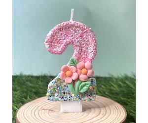 Ovanda Lot de 2 bougies d'anniversaire en forme de fleur rose avec paillettes, pour 2e anniversaire, avec plateau et baguette, une bougie pour le 2e anniversaire, décoration de gâteau et cadeaux