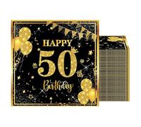 Ovanda Lot de 20 serviettes de table en papier pour 50e anniversaire garçon - 33 x 33 cm - Décoration de table pour 50e anniversaire garçon et fille - Noir et doré