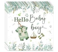 Ovanda Lot de 20 serviettes en papier pour décoration de fête prénatale garçon (33 x 33 cm), motif Hello Baby Boy, vert sauge, décoration de table de baptême