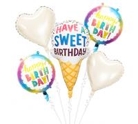 Ovanda Lot de 5 ballons en aluminium crème glacée pour décoration | 1 ballon de crème glacée d'environ 40 x 64 cm, 2 ballons ronds d'anniversaire et 2 ballons en forme de cœur d'environ 45 cm