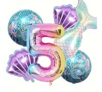 Ovanda Lot de 6 ballons en forme de sirène, décoration d'anniversaire pour fille de 5 ans, ballons multicolores en forme de sirène, décoration d'anniversaire de 5 ans, ballons en aluminium Happy
