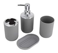 OVAQUIXI 4 Pièces Kit D'accessoires de Salle de Bain, Bouteille de Lotion en Plastique, Distributeur de Savon, Tasse de Rangement, Tasse de Rinçage, de Brosse à Dents, Porte-Savon (Grey)