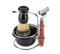 OVAQUIXI Ensemble de Blaireaux de Rasage, Manche en Bois, Poils de Blaireau Synthétiques, Kit de Rasage Humide, Brosse de 10 Cm avec Bol de Rasoir, Ensemble de Toilettage 4 Pièces pour la Maison, le