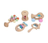 OVAQUIXI Ensemble de Jouets Hochet en Bois pour nouveau-né, Hochets Animaux Mignons avec Cloche, 5 Pièces, Aide au Développement de L'audition de bébé, Matériau de Bouleau Sûr à pour les Bébés de 3