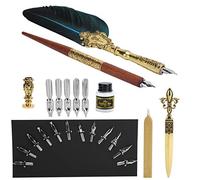 OVAQUIXI Ensemble de Stylos Plume de Calligraphie Vintage, Kit d'écriture de 20 Pièces avec Stylo Plongeur, Ouvre-lettre, Tampon en Métal, Plumes, Boîte de 9,4 X 5,3 X 1,5 Pouces, pour Artistes et