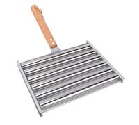 OVAQUIXI Rouleau à Hot Dog, Support à Rouleaux de Saucisses en Acier Inoxydable BBQ pour Chiens Cuits Uniformément 5 Capacités avec Manche en Bois 18,5x2 4cm/7,3x9,4 Pouces