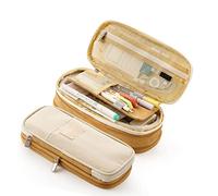 OVAQUIXI Trousse à Crayons en Toile de Grande capacité avec Poches en Filet à Plusieurs Couches pour étudiants et Voyageurs (Kaki Clair Beige)