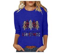 OVARA Pull de Noël pour femme à manches 3/4 - Imprimé Merry Christmas - Grande taille - Col rond - Coupe classique - Chemisier de Noël pour femme, 001 Bleu, 5XL